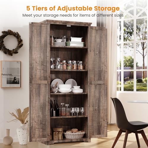 72" Tall Farmhouse Kitchen Pantry Cabinet, Large Storage Cabinet with 6 Adjustable Shelves, 4 Barn Doors & Drawer for Bathroom, Dining Room, Brown