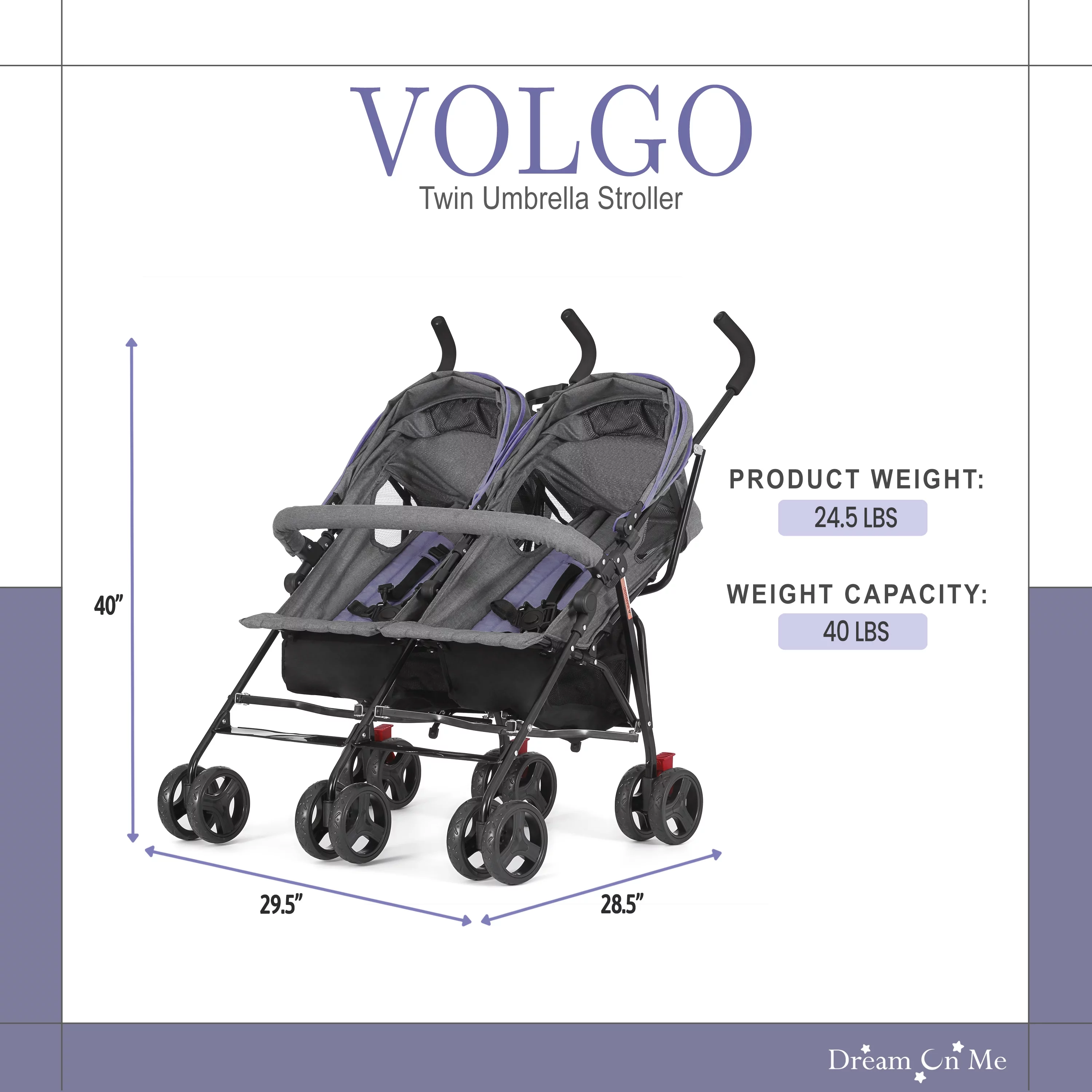 Dream On Me Volgo Twin Umbrella Stroller, Purple and Dark Grey