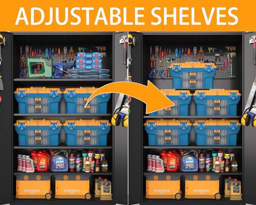 Upgraded Tall & Wide Metal Storage Cabinet with Doors & 4 Adjustable Shelves | Heavy-Duty Black Lockable Garage Cabinet with Wheels & Pegboard for