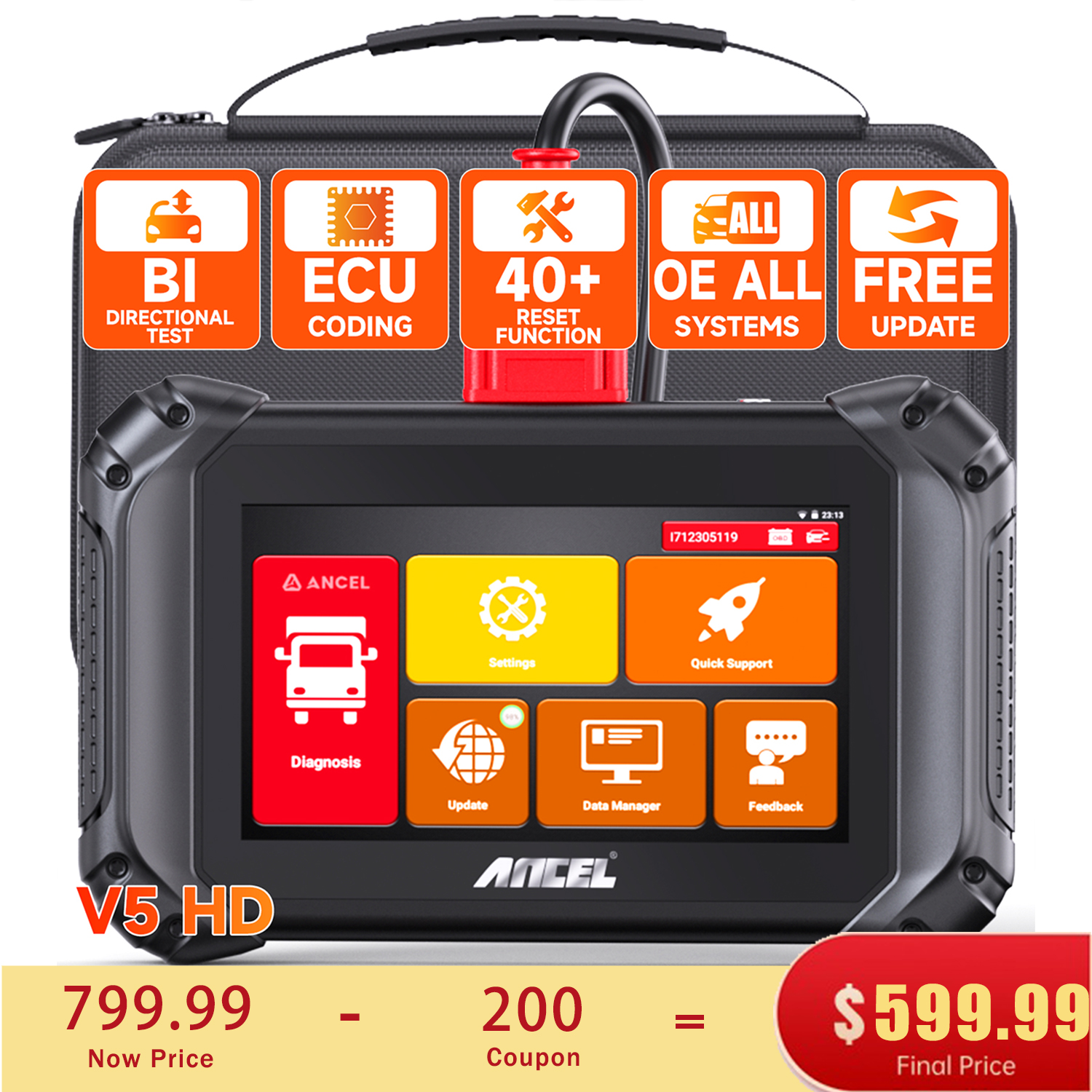 ANCEL V5 HD Diesel Truck Bi-directional Diagnostic Scan Tool Heavy Duty Truck All System Scanner 40+ Maintenance Reset DPF Regen ECU Coding OBD2 2 IN