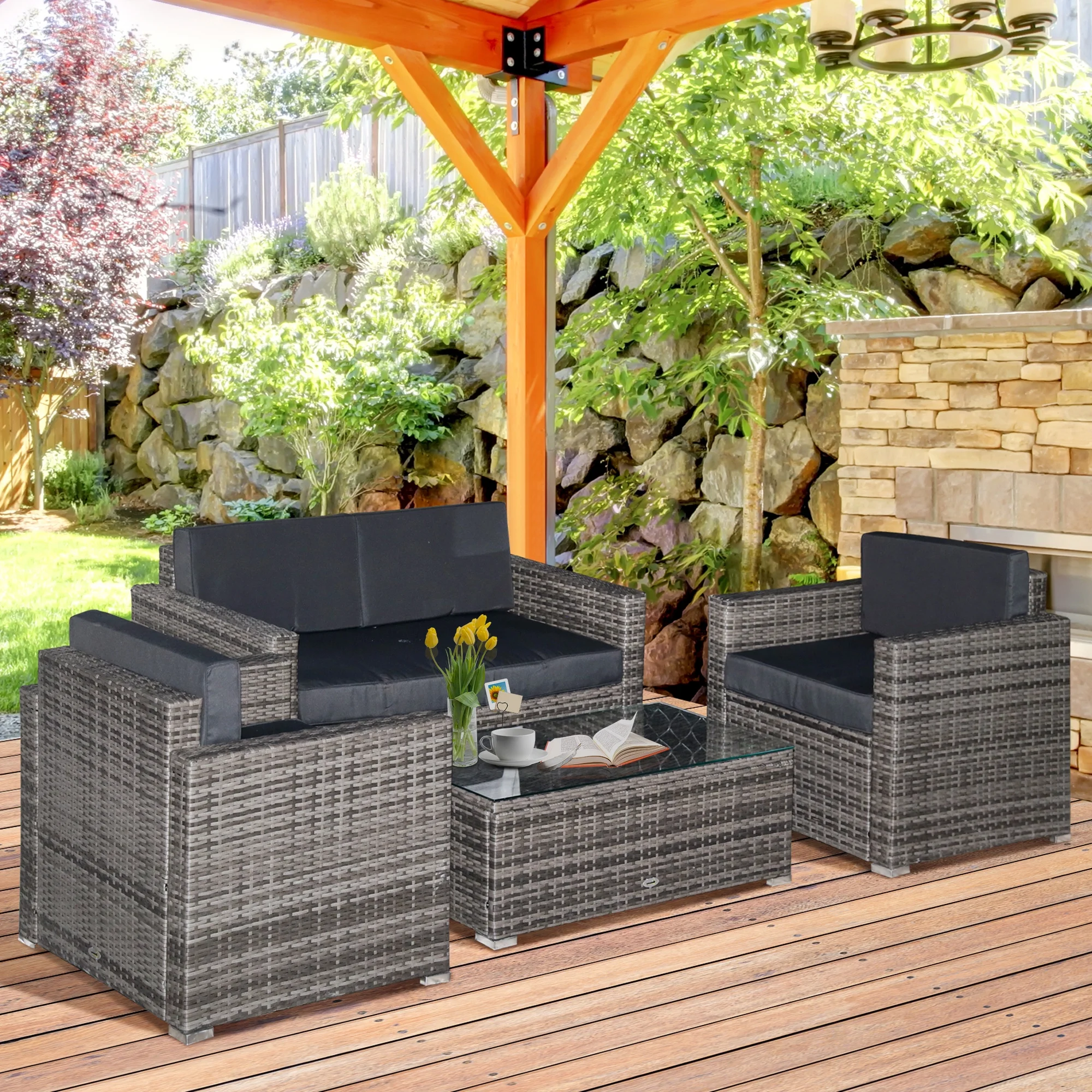Outsunny Rattan Wicker Chair Wooden Cold Frame Greenhouse for Plants PC Board