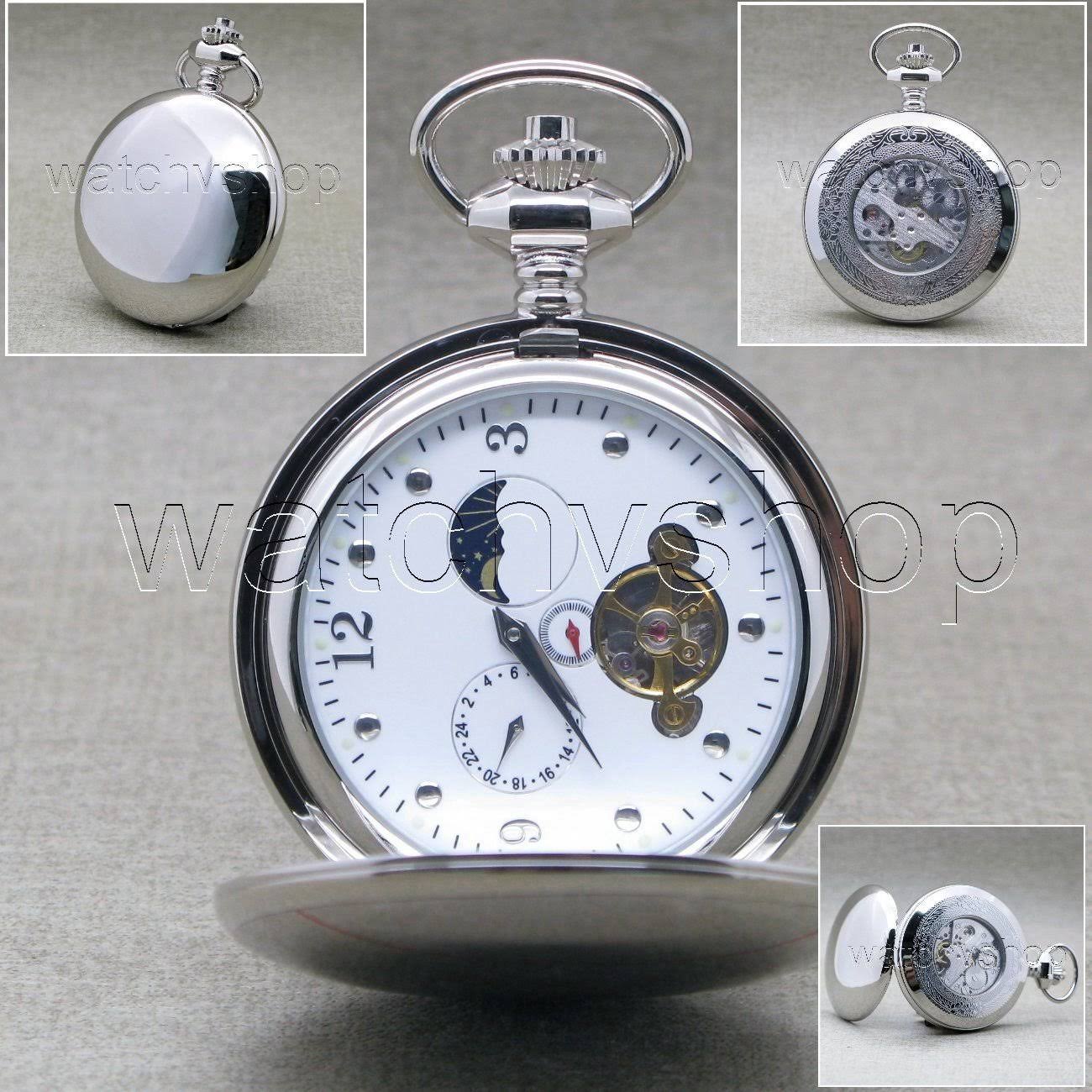Tourbillon Mechanical Pocket Watch Silver Polish Sun Moon with Chain