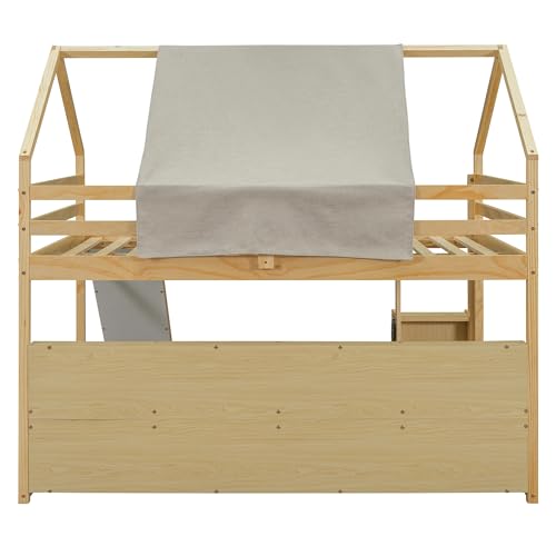 Harper & Bright Designs Kids Twin Low Loft Bed with Slide and Storage Shelves, Wood Playhouse Loft Bed Frame with a Tent & Stairs