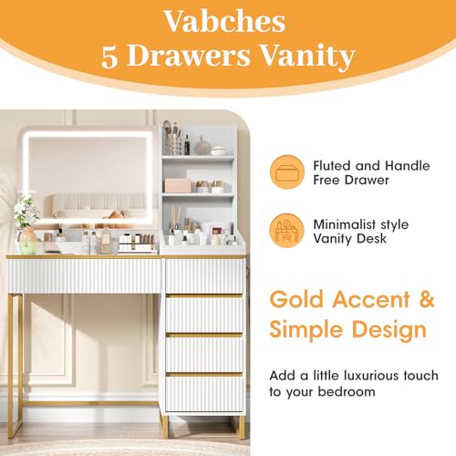 Vabches Makeup Vanity with Mirror and Lights, White and Gold Vanity Desk with 5 Drawers and Charging Station, Vanity Table for Bedroom