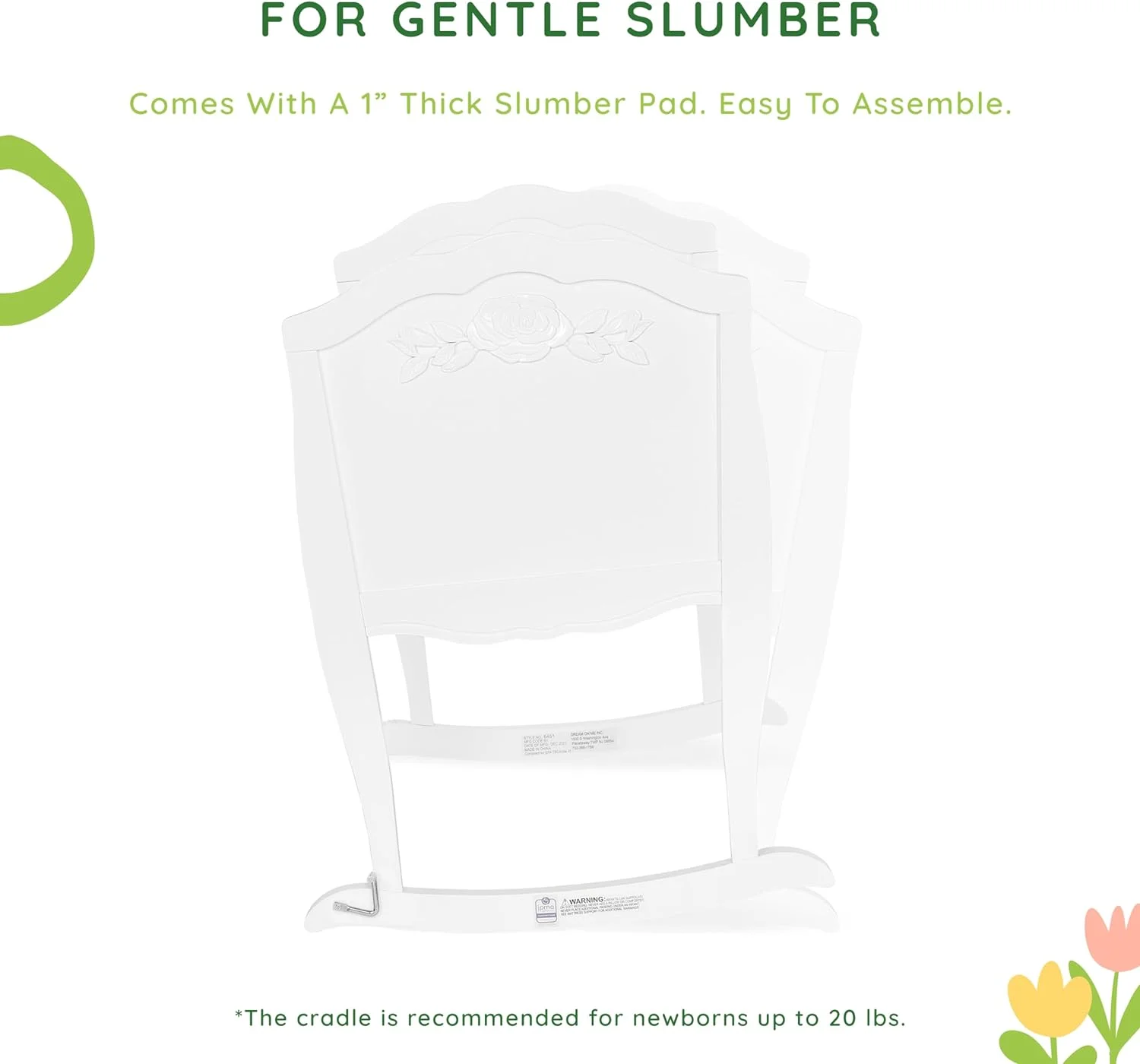 Rose Cradle in White, with 1" Mattress Pad, Easy to Assemble, JPMA Certified, New Zealand Pinewood Cradle, Stationary and Rocking Cradle