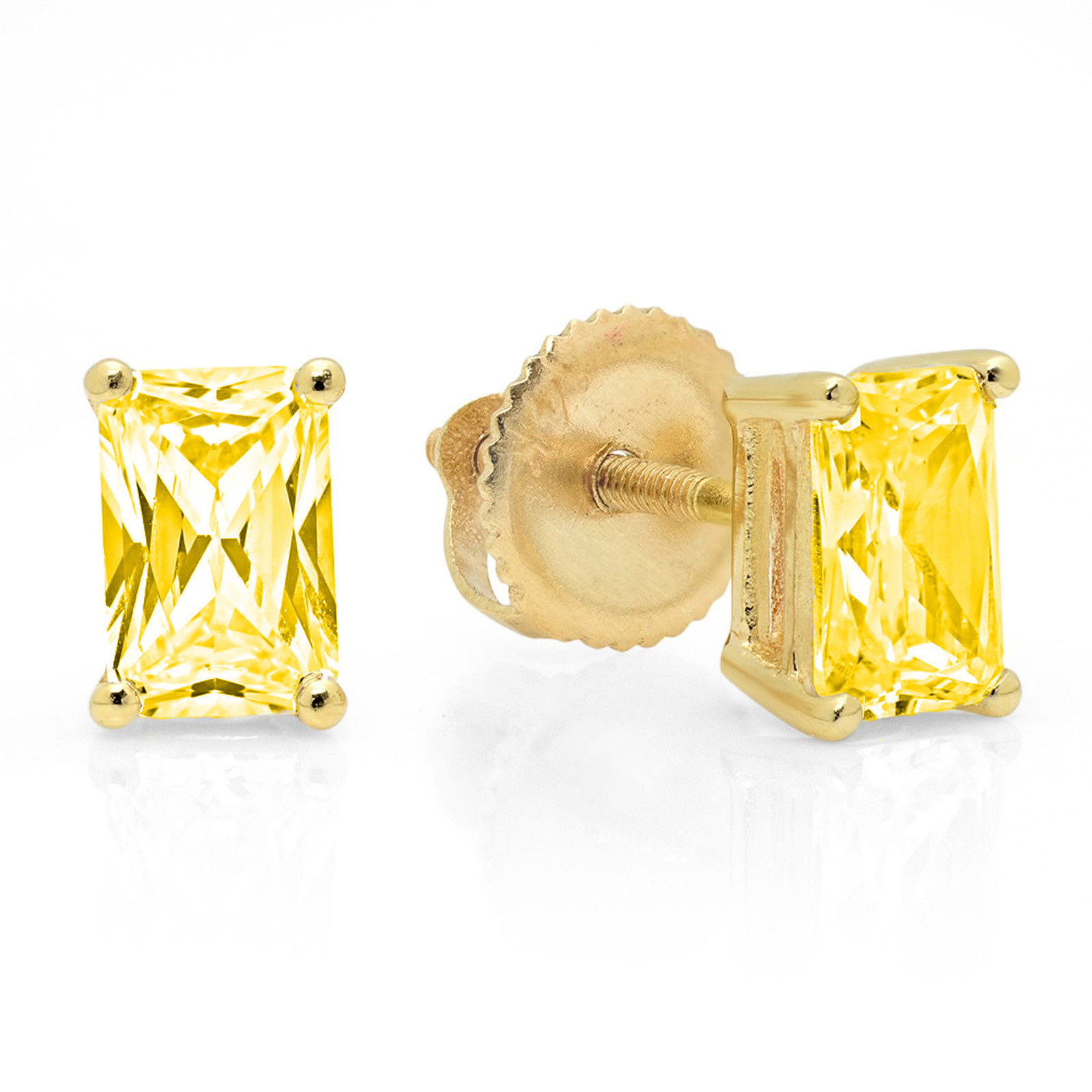 Clara Pucci 2 ct Brilliant Emerald Cut Solitaire Studs VVS1 Genuine Conflict free Yellow Simulated Diamond Real Stamped Solid 18K Yellow Gold