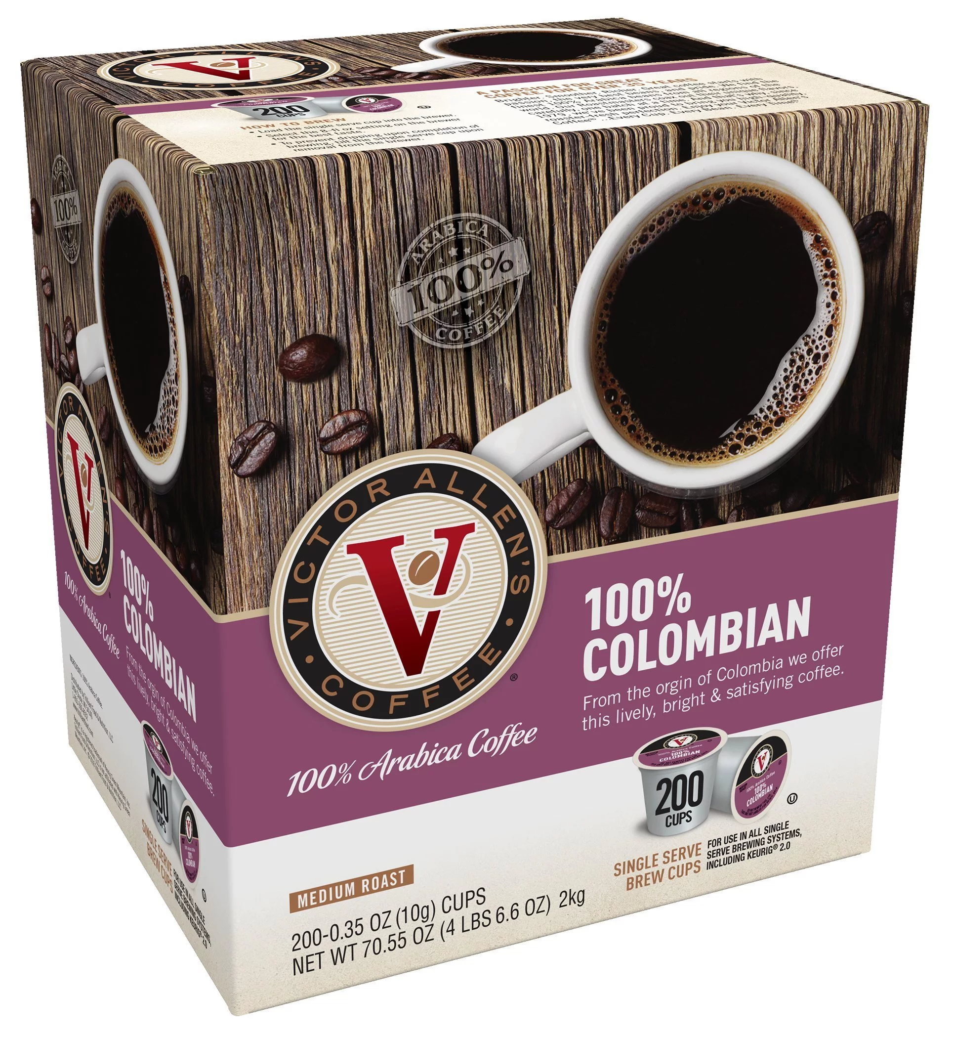 Victor Allen Coffee, 100% Colombian Single Serve K-cup, 200 Count (Compatible with 2.0 Keurig Brewers) 200 Count - K Cups NEW
