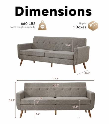 Tbfit L Shaped Couch Sofa, 80" W Mid-Century Modern Sectional Couches, 3 Seater Sofas with Wide Chaise Lounge & Two Pillows