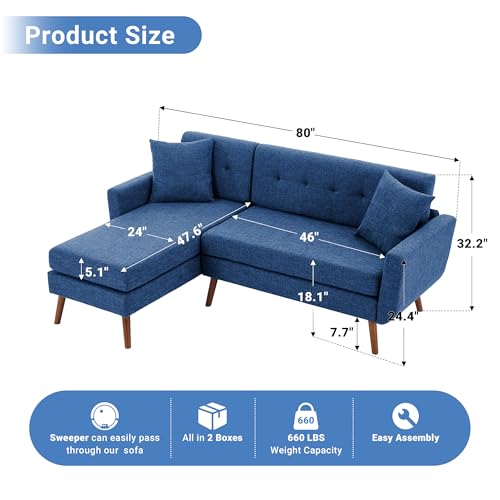Tbfit L Shaped Couch Sofa, 80" W Mid-Century Modern Sectional Couches, 3 Seater Sofas with Wide Chaise Lounge & Two Pillows