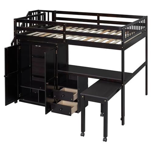Harper & Bright Designs Twin Size Loft Bed with Stairs and Bookshelf, Wood Twin Storage Bed with Desk & Wardrobe