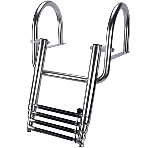 4-Step Heavy-Duty Stainless Steel Pontoon Boat Ladder with Extra Wide Steps & Handrails | Telescoping Folding Rear Entry Ladder, 600lbs Capacity