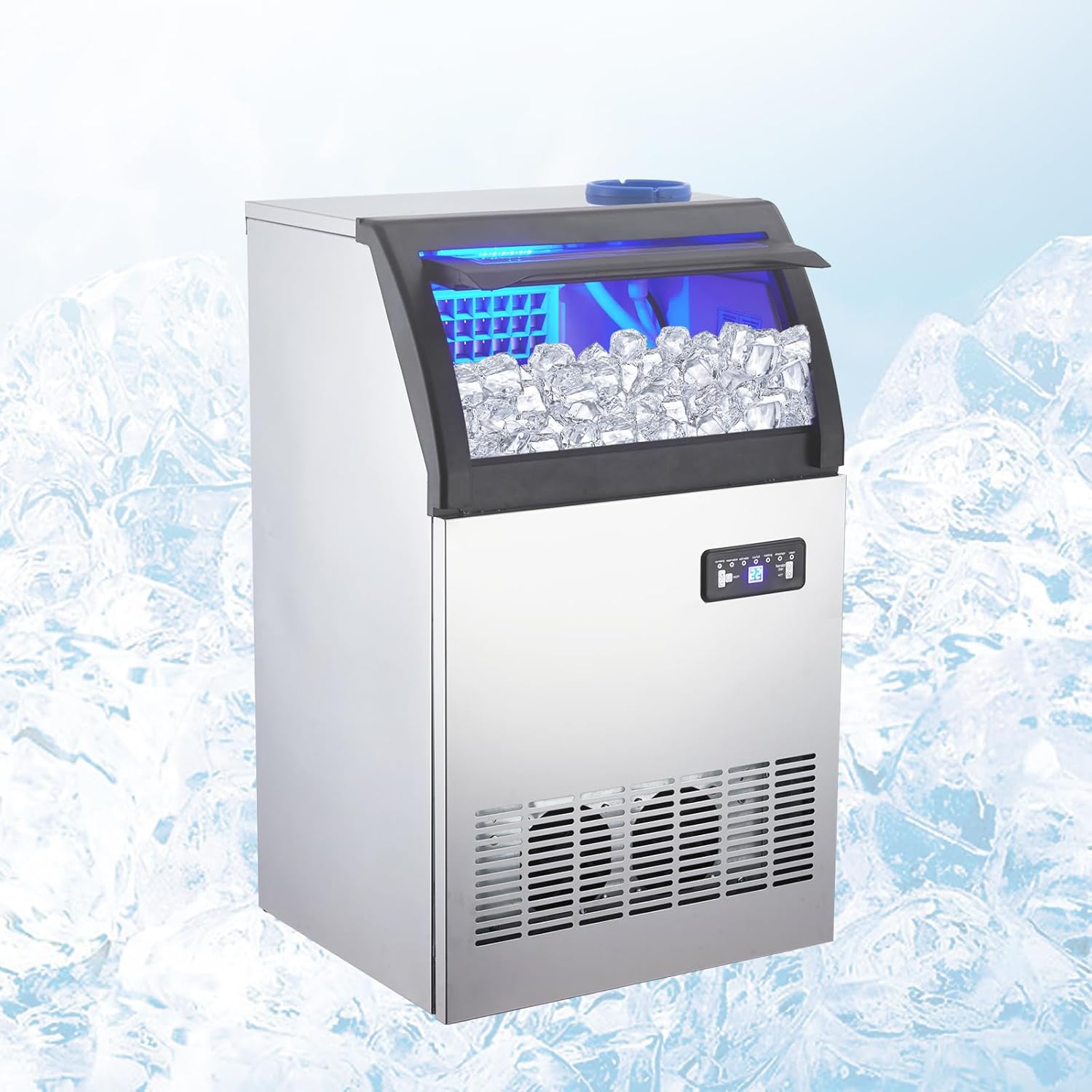 Commercial Ice Maker Machine, Stainless Steel Freestanding Ice Maker with 33 Lbs Ice Storage, 2 Water Inlet Modes, 100 Lbs/24H