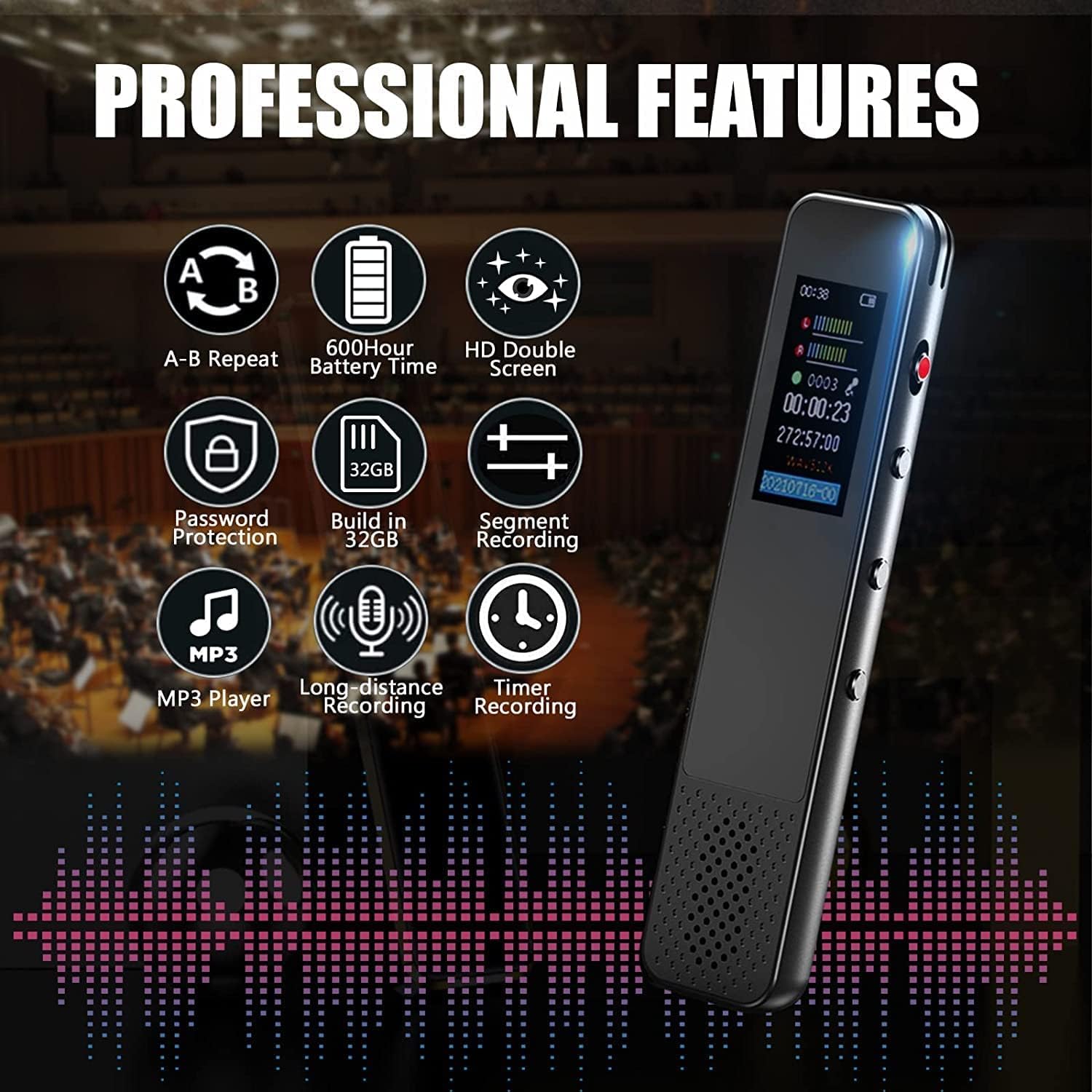 Digital Voice Recorder, Audio Tape Recorder Voice Activated Recorder with Playback for Lectures, Meetings, Interviews, Portable Recording Device