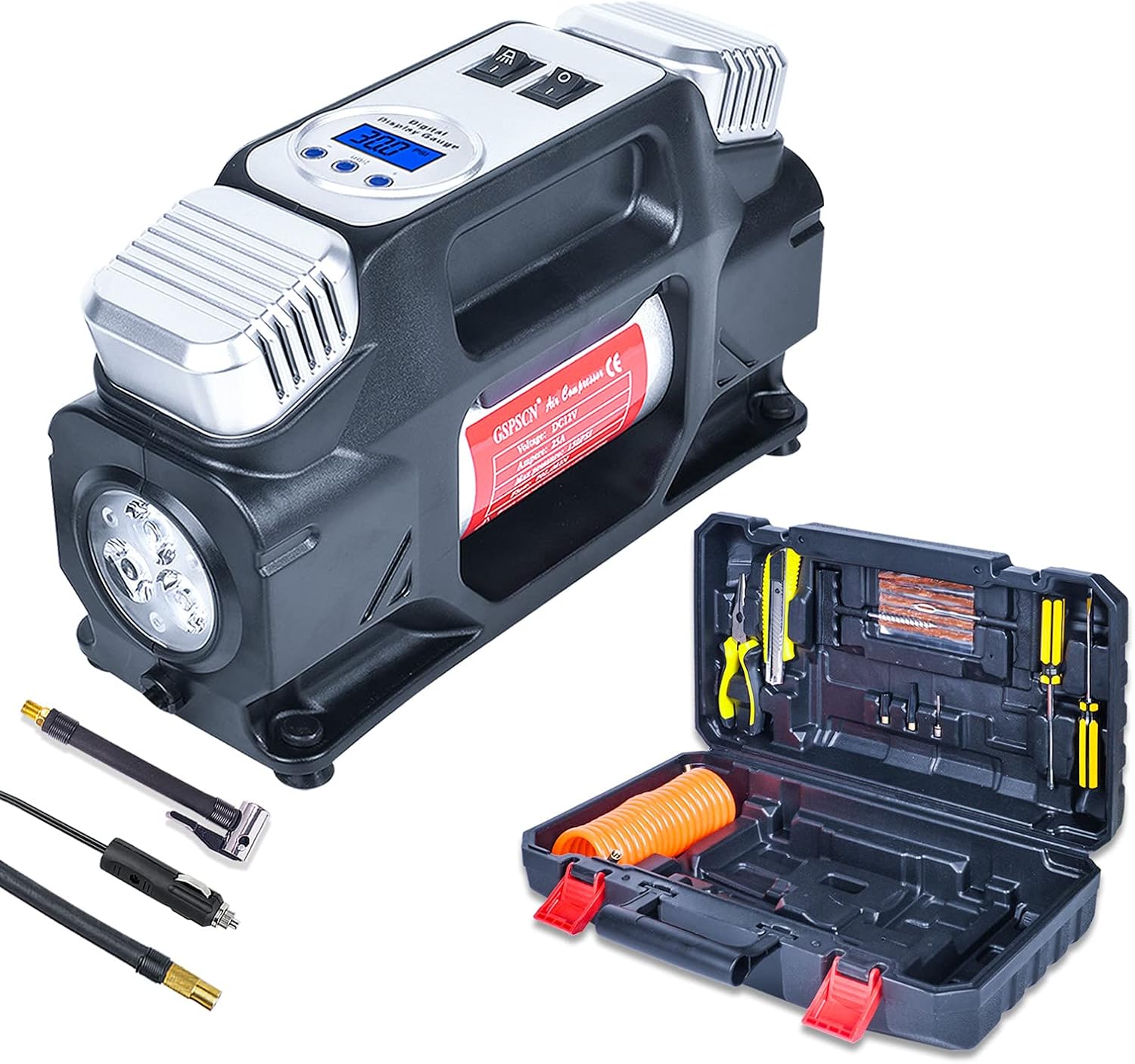 GSPSCN Portable Digital Tire Inflator,Heavy Duty Dual Cylinders 12V Auto Air Compressor Pump 150PSI with Warning Triangle