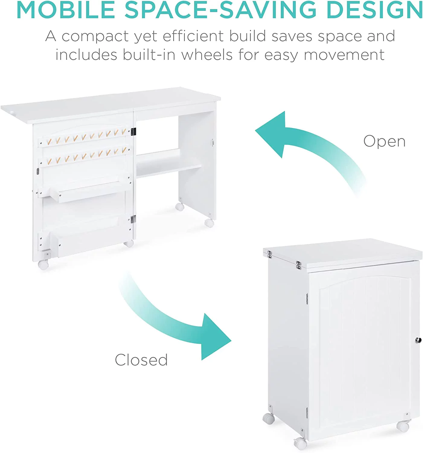 Folding Sewing Table Multipurpose Craft Station & Side Desk with Compact Design, Wheels, Shelves, Bins, Pegs, Magnetic Doors, Metal Doorknobs