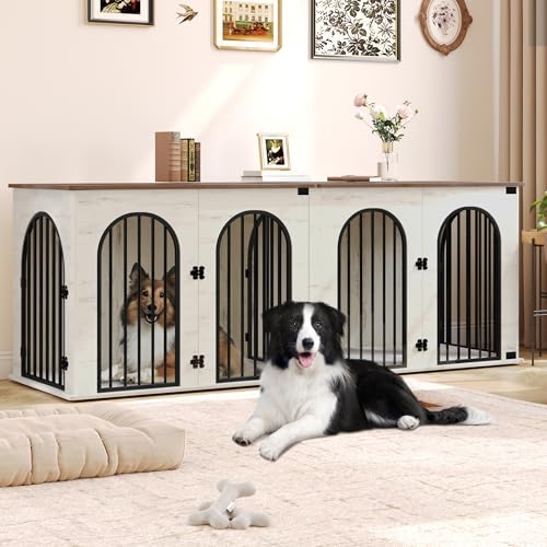 71" Dog Crate Furniture for 2 Dogs, Heavy Duty Indoor Dog Kennel TV Stand, XXL Wooden Dog Cage with Divider for Medium Large Dogs
