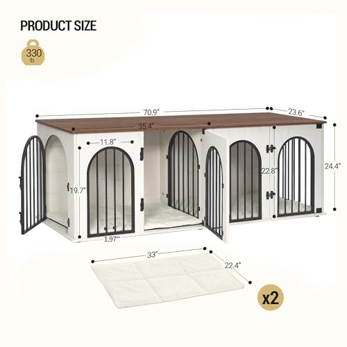 71" Dog Crate Furniture for 2 Dogs, Heavy Duty Indoor Dog Kennel TV Stand, XXL Wooden Dog Cage with Divider for Medium Large Dogs