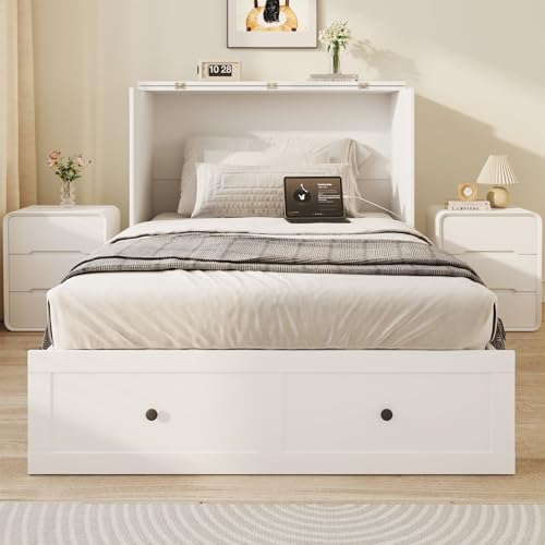 Queen Murphy Bed with Storage & Charging Station, Murphy Cabinet with Foldable Panel, Noisy Free, for Guest Bedroom, Living Room, Office