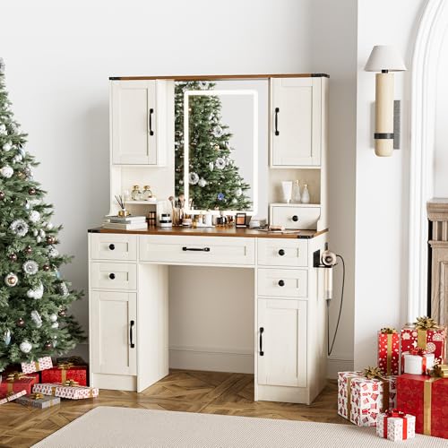 NUNU LAB 42 Inchs Large Vanity Desk with Mirror and Lights with 6 Drawers and 4 Cabinets, Big Women Makeup Table with Power Outlet