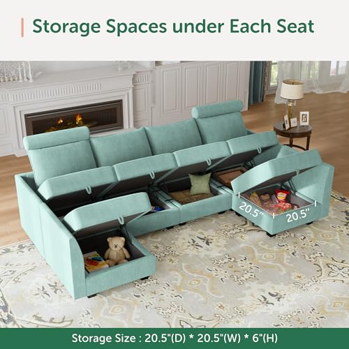 HONBAY Modular Sofa Sectional Sleeper Couch with Ottomans Reversible Sleeper Sectional Sofa Modular Couch with Storage, Aqua Blue