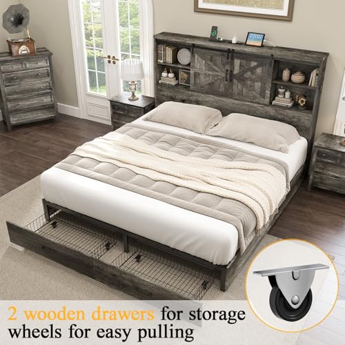 HOWE King Size Bed Frame, Wood Platform Bed Frame with 51.2" Bookcase Headboard, Storage Bed with Sliding Barn Door Charging Station 2 Drawers