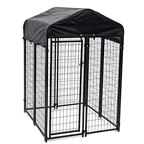 Stay Series 4 by 4 by 4.3 Feet Studio Jr. Black Powder Coat Steel Frame Outdoor Dog Kennel with Waterproof Canopy Roof and Gate Door, Khaki