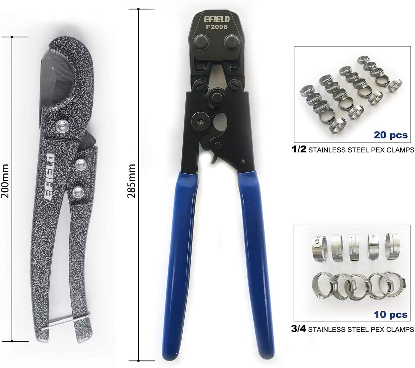 EFIELD Heavy-Duty Canvas Bag/Pex Cinch Clamp Crimping Tool for Stainless Steel Clamps from 3/8" to 1" with Pipe Cutter 20pcs 1/2"