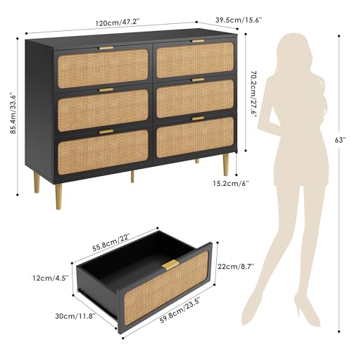 Rattan 5 Drawer Dressers for Bedroom, Tall Dresser with Deep Drawers, Large Chest of Drawers for Closet with Wide Top