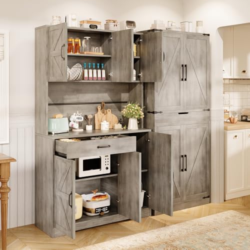72" Tall Storage Cabinet, Kitchen Pantry Cabinet with Adjustable Shelves & Sturdy Steel Frame, Farmhouse Pantry Storage with 4 Barn Doors for Kitchen