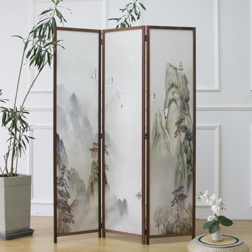 6 Panel Room Divider Screen,Double Faced Room Divider Folding Wall Divider for Room Separation,Mountains and Waters Landscape,67" H x 94.5" W