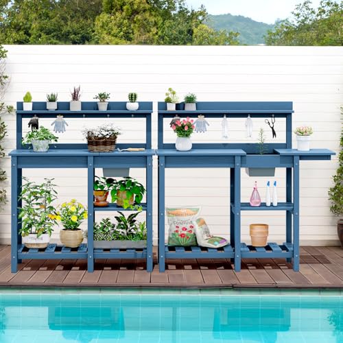 SERWALL Potting Bench Outdoor Potting Table with Sink, HDPE Potting Benches for Outside Gardening Table All Weather Use- Black