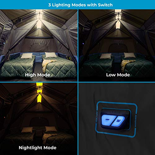 CORE Instant Cabin Tents with LED Lights | 6 Person / 9 Person / 12 Person Family Multi Room Lighted Pop Up Tents for Camping | Included Storage