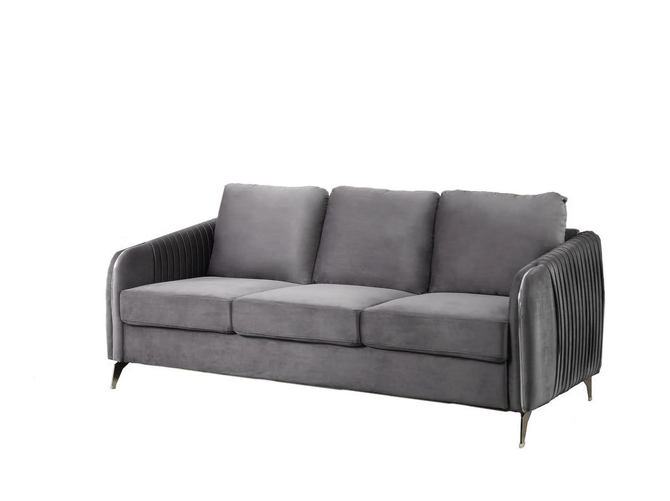 Gray Velvet Living Room Set with Vertical Channel-Quilted Design - Luxurious Modern Style