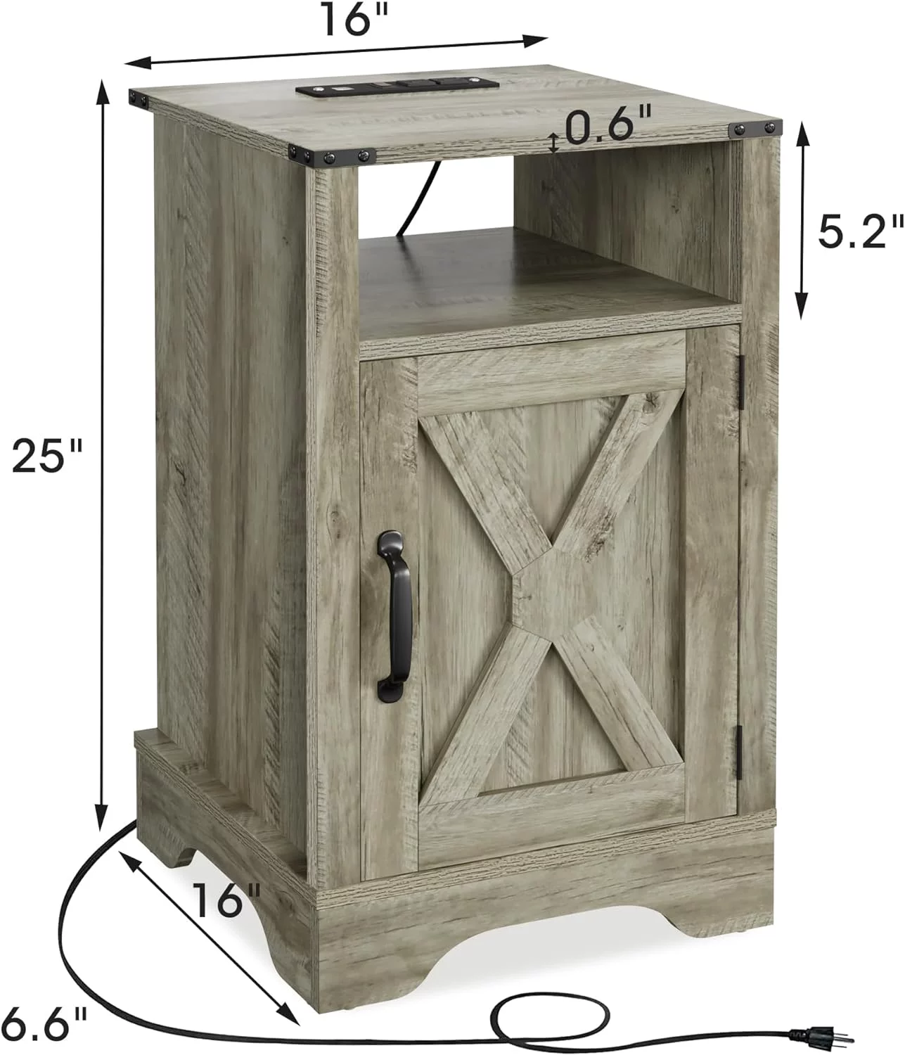 RoyalCraft Farmhouse Nightstand with Charging Station, Tall Bedside Table with X-Shaped Design