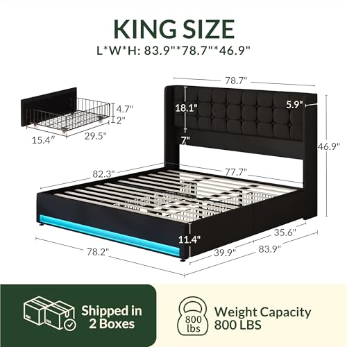 Queen Size LED Bed Frame with 4 Storage Drawers and Tufted Headboard Velvet Upholstered Platform Bed Frame Wingback Beds with Heavy Duty Wood Slats
