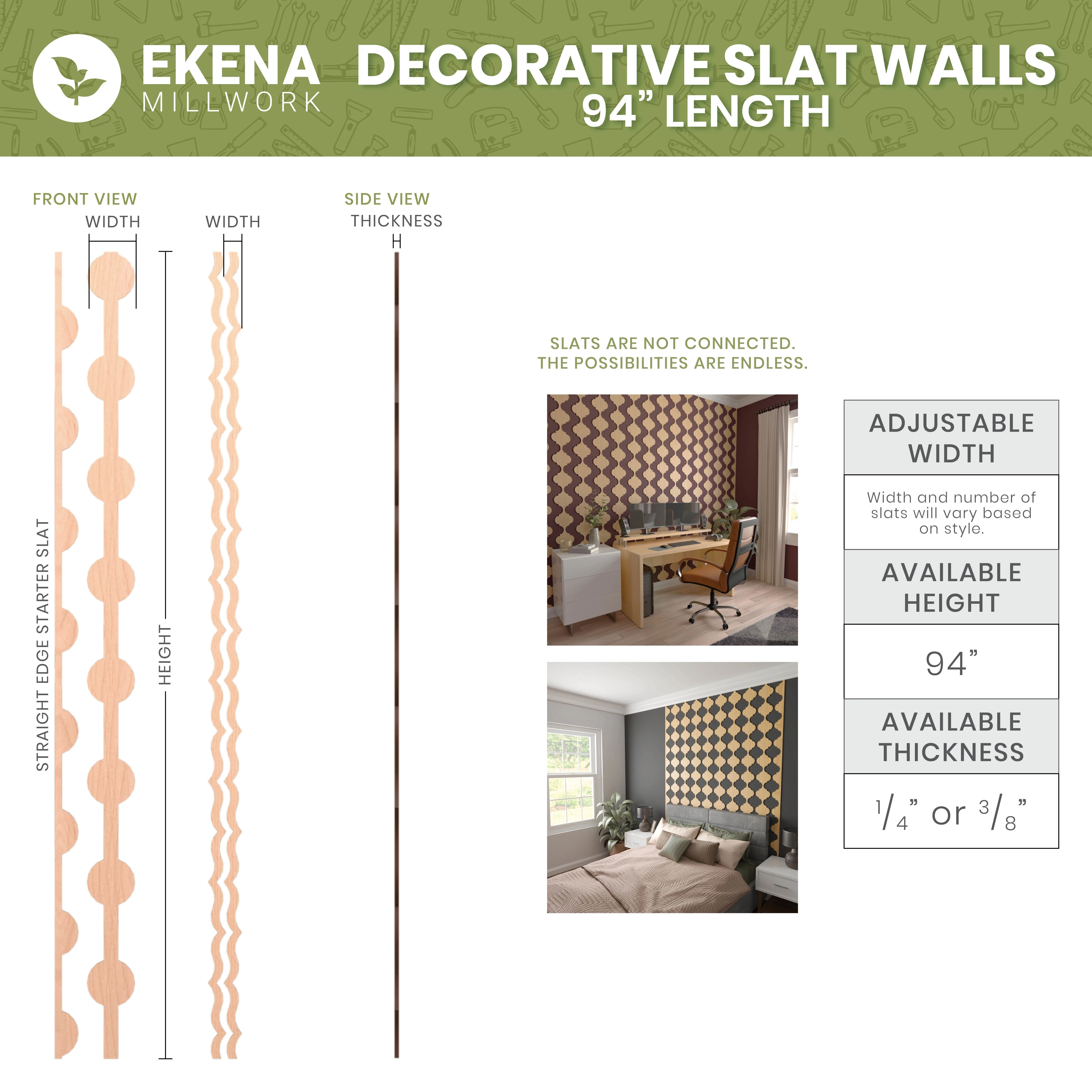 Ekena Millwork 94"H x 1/4"T Bridgeport Adjustable Wood Decorative Slat Wall Panel Kit, Birch (contains 11 Slats + 1 Straight Edge Starter Slat)