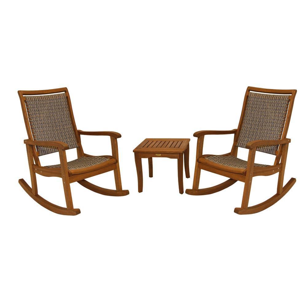 Outdoor Interiors 3-Piece Driftwood Grey Wicker and Eucalyptus Outdoor Rocking Chair Set with Square Accent Table