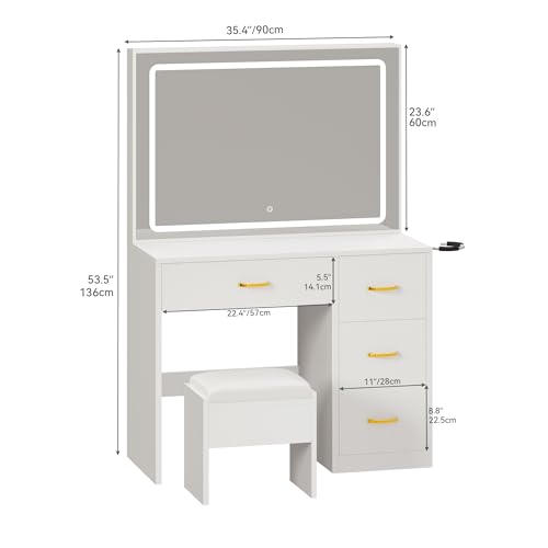 YITAHOME Vanity Desk Set with Large 35" LED Mirror and Lights, Makeup Table with 4 Drawers & Stool, 2 AC Outlets and 2 USB Ports, Adjustable Lighting