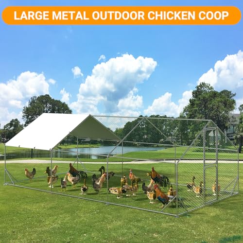 Large Metal Chicken Coop for 12-20 Chickens, Walk in Chicken Coop with Cover, Heavy Duty Poultry Cage for Chicken Run