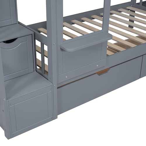 Full-Over-Full Castle Style Bunk Bed with 2 Drawers and 3 Shelves, Wood Bunk Bed Frame with Slide and Storage Staircase for Kids Teens Boys Girls