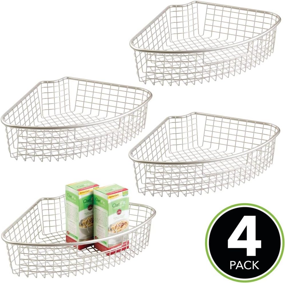 mDesign Farmhouse Metal Kitchen Cabinet Lazy Susan Storage Organizer Basket with Front Handle - Large Pie-Shaped 1/4 Wedge, 4.4" Deep Container