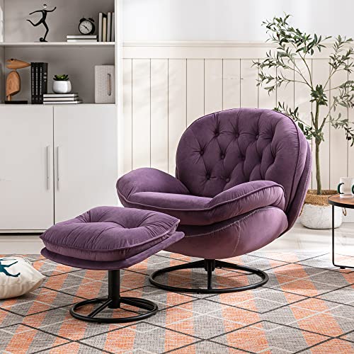 Baysitone Velvet Swivel Accent Chair with Ottoman Set, Modern Lounge Chair with Footrest, Comfy Armchair with 360 Degree Swiveling for Living Room