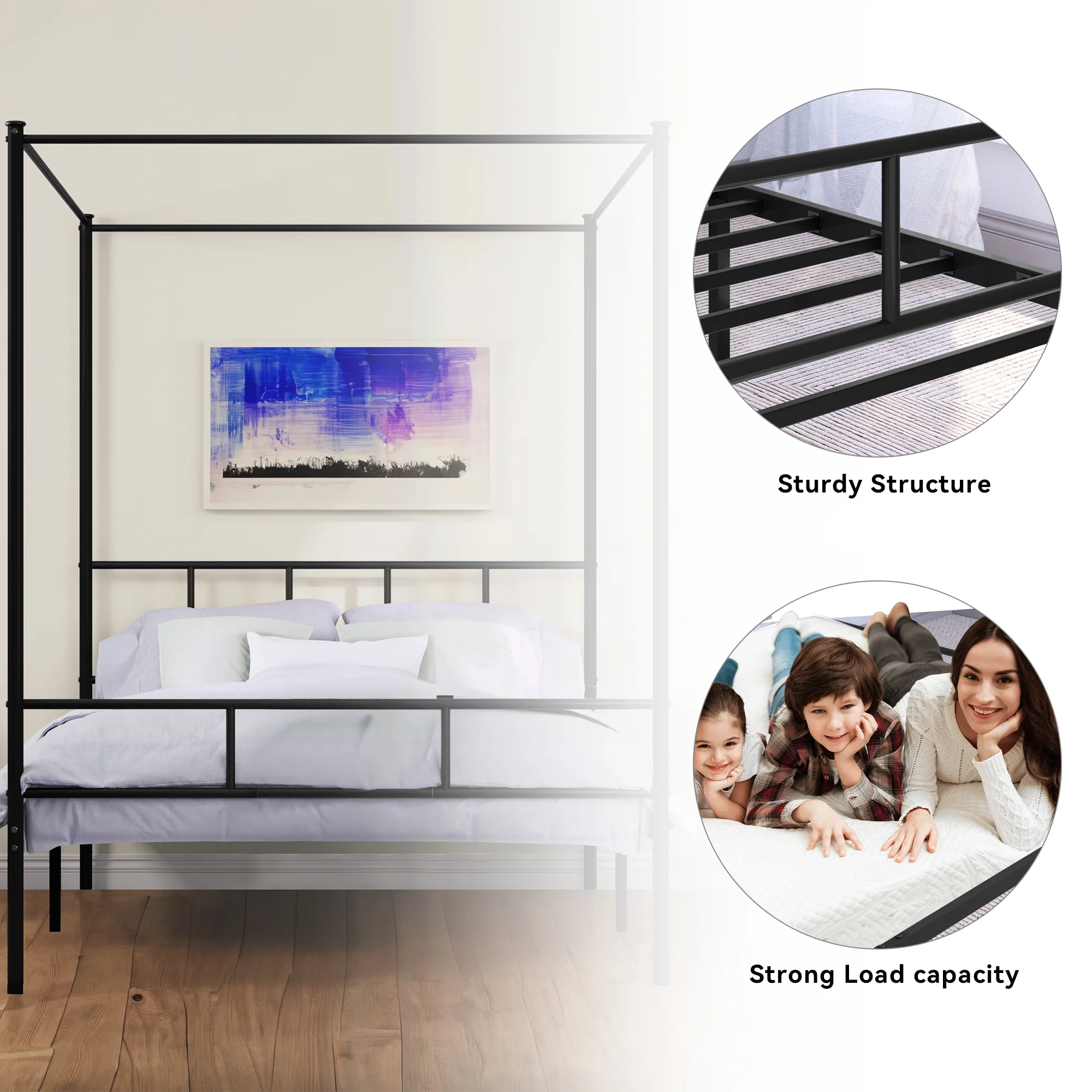 Dextrus Queen Size Bed Frame, Metal Canopy Four Poster Bed Frame with Built-in Headboard Strong Metal Slat Mattress Support, No Box Spring Needed