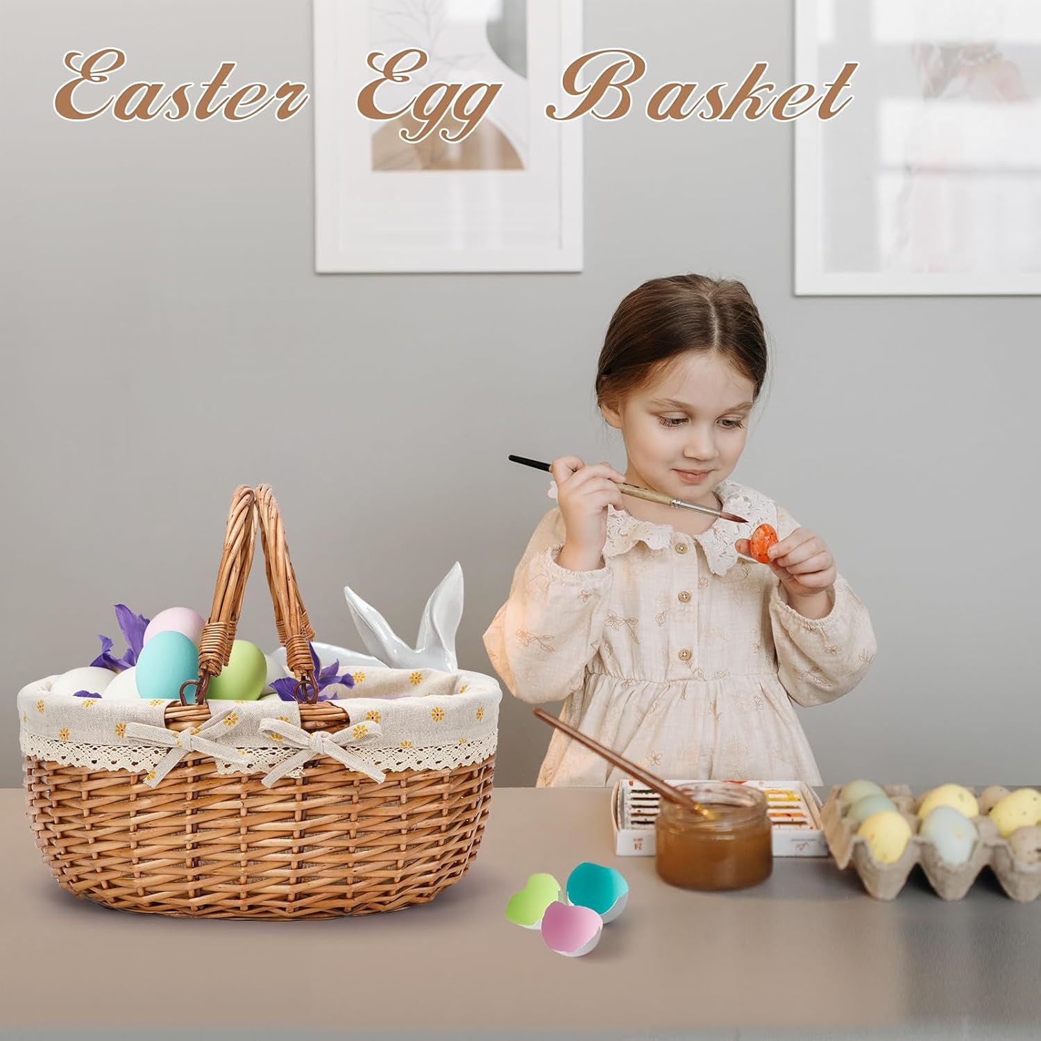 Oval Picnic Basket with Folding Handles, Willow Hand Woven Shopping Basket, Bath Toy Kids Toy Storage Gift Packing Basket