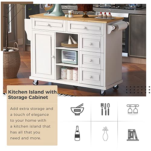 53.5''Farmhouse Kitchen Island with Power Outlet, Kitchen Storage Island with Drop Leaf, Spice Rack and Drawer, Rolling Kitchen Cart on Wheels