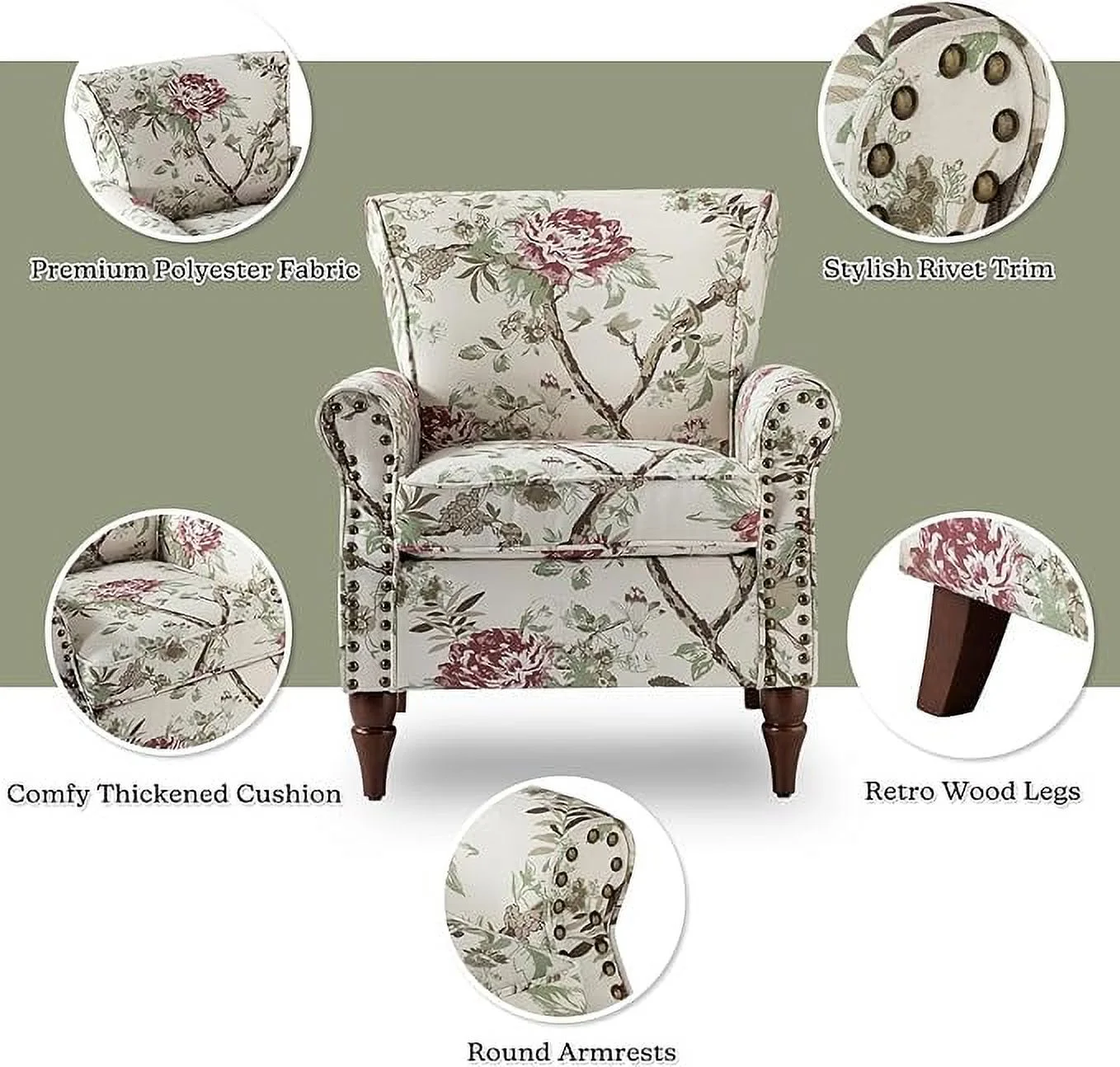 Wooden Upholstered Accent Chair Set of 2 with Removable Cushion Armchair Wingback Floral Lounge Sofa Set Nailhead Trim Floral - Radiant Selections