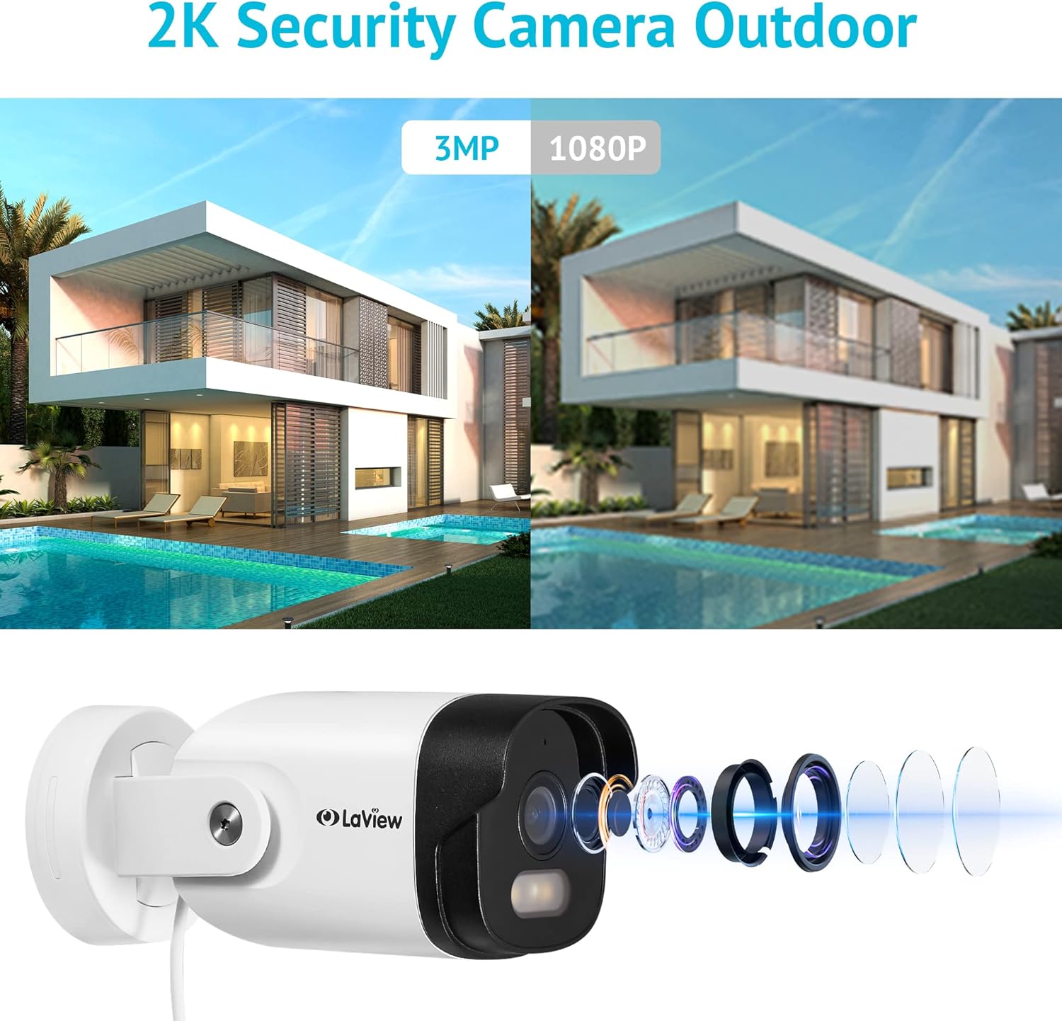 LaView Security Camera Outdoor with Color Night Vision,2K Wired Cameras for Home Security,IP66 Waterproof Camera, 24/7 Live Video,2 Way Audio