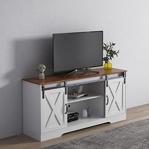 Farmhouse Wood TV Stand, Entertainment Center for Televisions up to 65 Inchs with Sliding Barn Doors