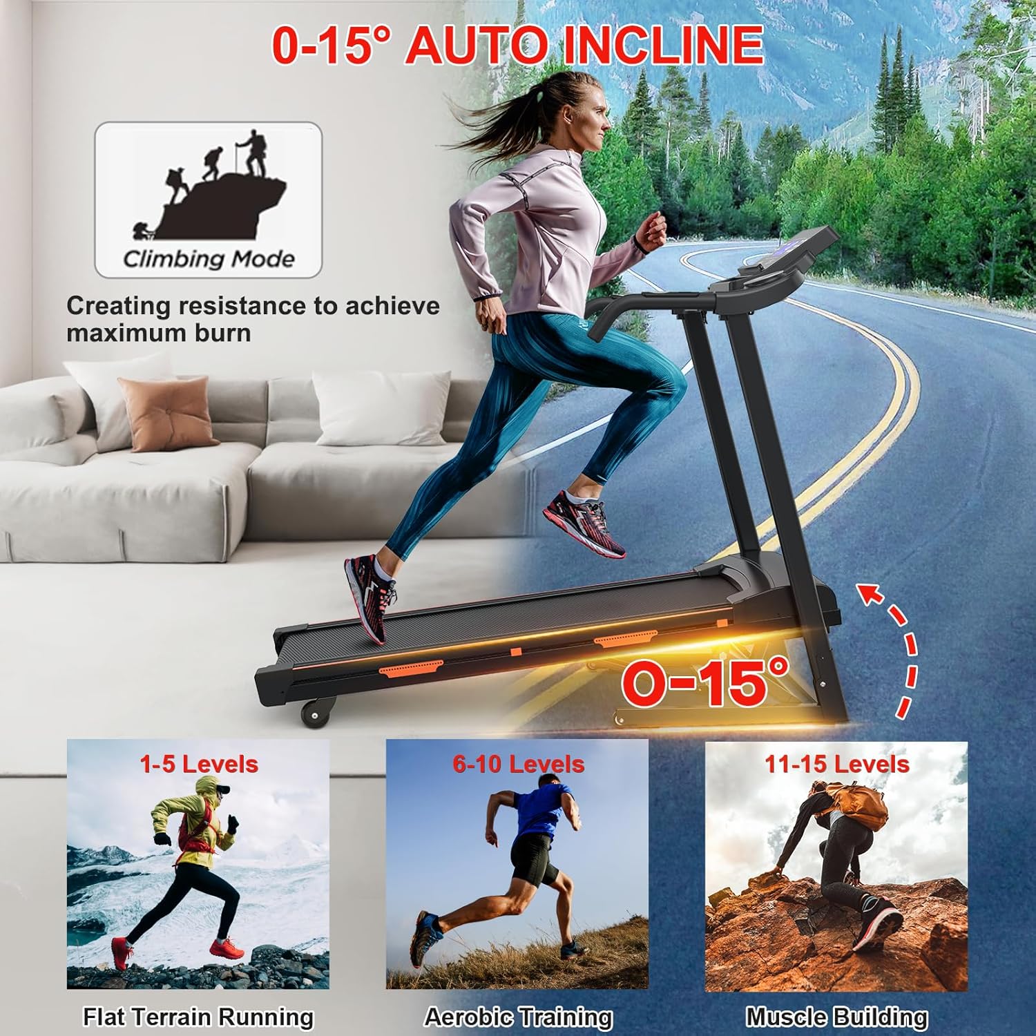Treadmills with 0-15% Auto Incline, Folding Treadmills for Home, 3.0 HP Portable Treadmill for Running with 300LBS Weight Capacity