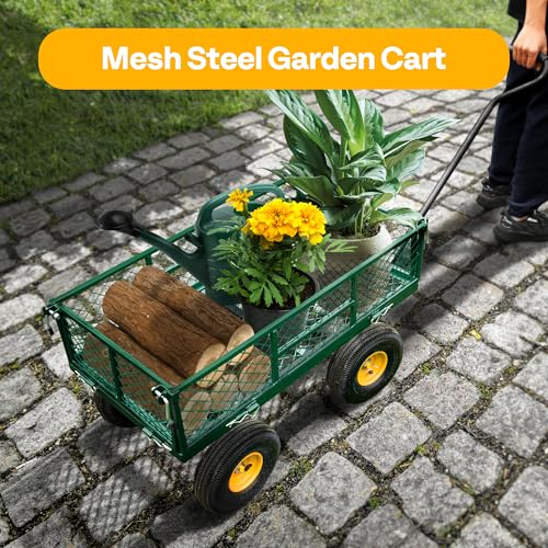 VIVOHOME Heavy Duty 880 Lbs Capacity Mesh Steel Garden Cart Folding Utility Wagon with Removable Sides and 4.10/3.50-4" Wheels 10 inch Tire (Black)